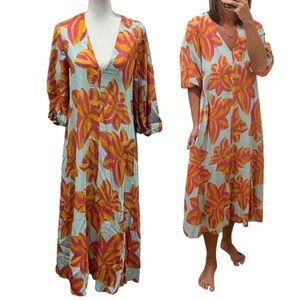 DRESS TO V-Neck Floral Linen Blend Maxi Dress